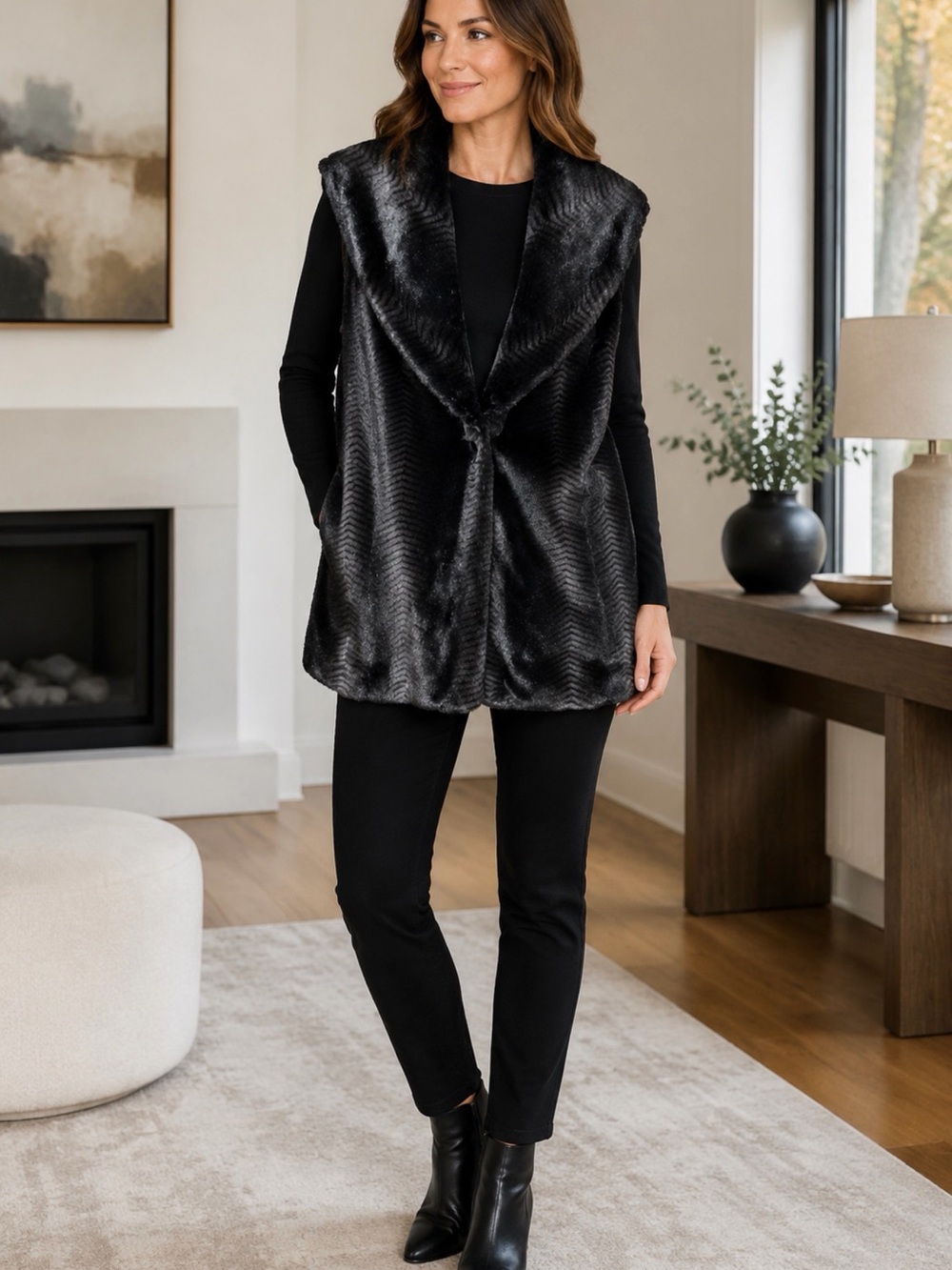 Alfani Black Faux Fur Chevron-Textured Sleeveless Vest xl